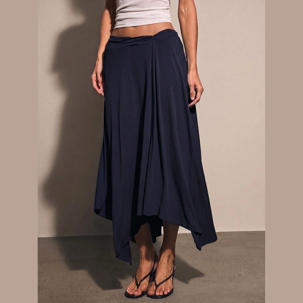 Navy Blue Knit Ruched Waist Asymmetric Hem Handkerchief Maxi Skirt